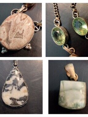4 Pc VTG Jewelry Lot - Sterling Silver Pendants Jasper Peridot Larimar Amethyst